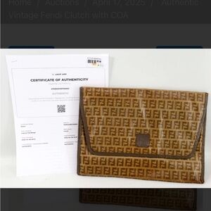 FENDI Zucchino Canvas Clutch Bag Coated Canvas Brown with COA
